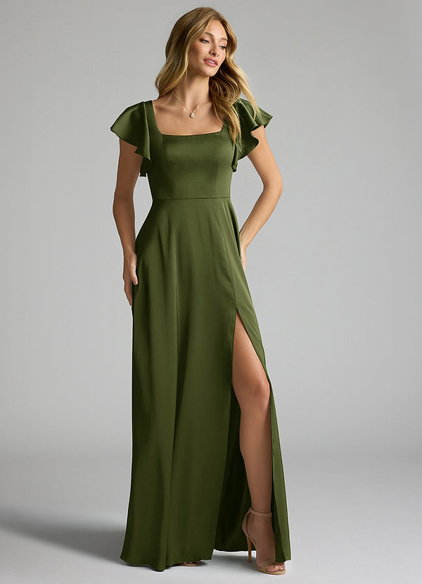 Azazie Bondi Bridesmaid Dresses Olive A-Line Bow Stretch Satin Dress image1