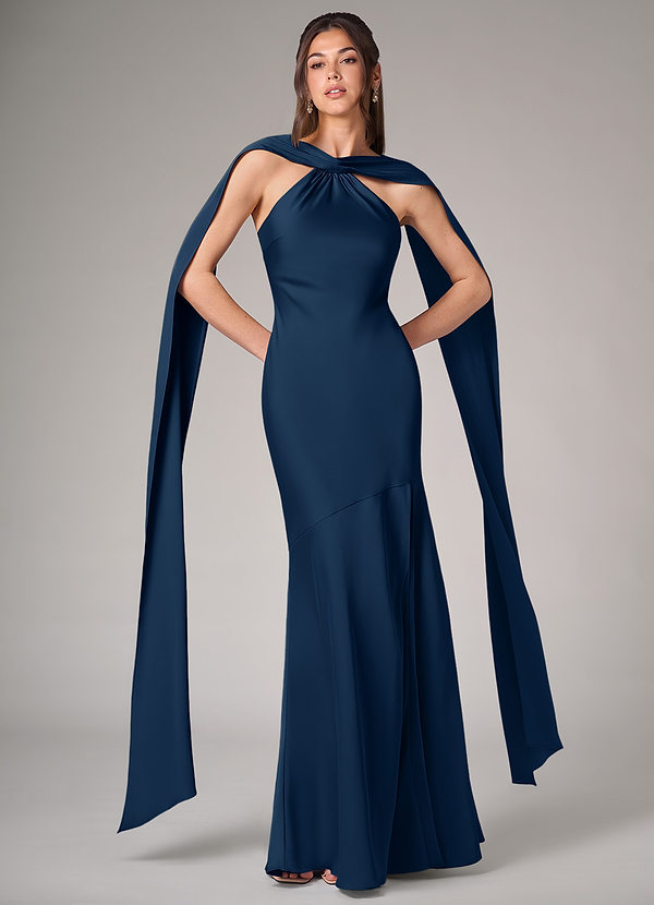 Azazie Kinsley Bridesmaid Dresses Dark Navy Mermaid Side Slit Stretch Satin Dress image1