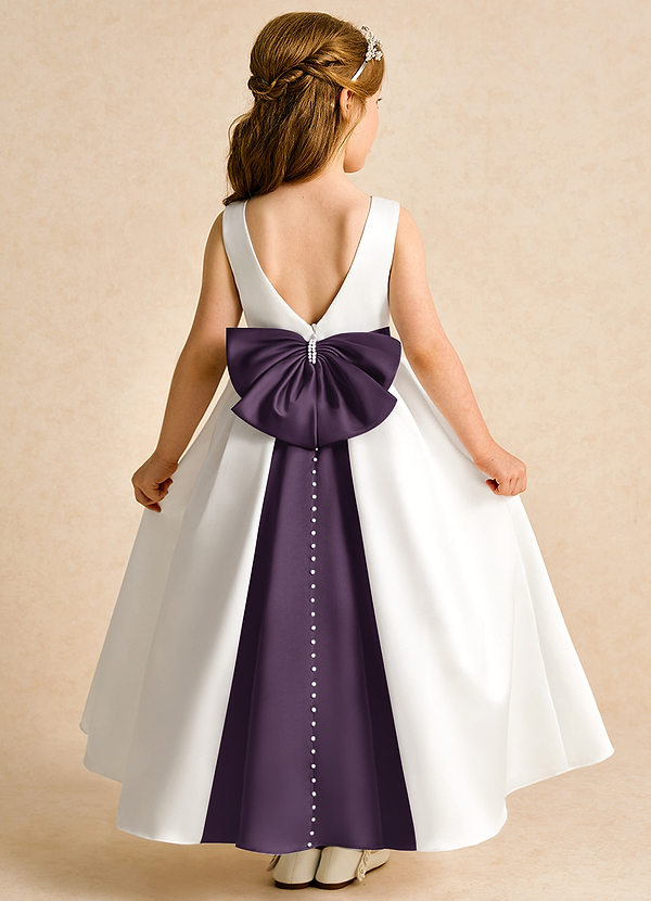 Azazie Cherry Flower Girl Dresses Ivory Plum Ball-Gown Pleated Matte Satin Dress image1
