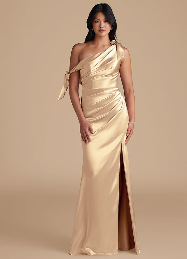 Azazie Xyla Bridesmaid Dresses Gold Sheath Off the Shoulder Metallic Satin Convertible Dress image1