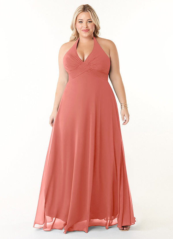 Azazie Tessie Abiti da Damigella Abito A-Line in Chiffon con Scollo a V a Pieghe Salmone Rosa image1