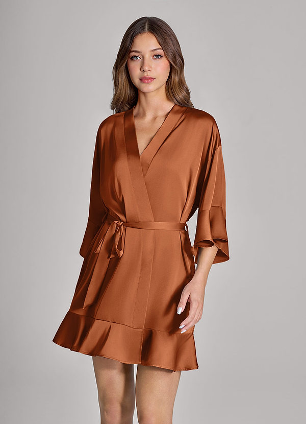 front Matching Color 2-Piece Ruffle Satin Robe and Slip Set