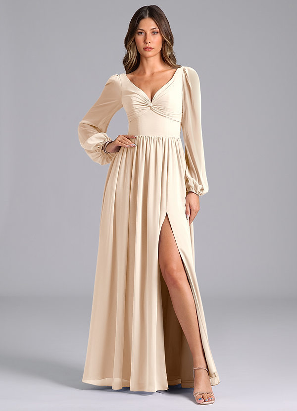 Azazie Zeya Bridesmaid Dresses White Alabaster A-Line Long Sleeve Chiffon Dress image1