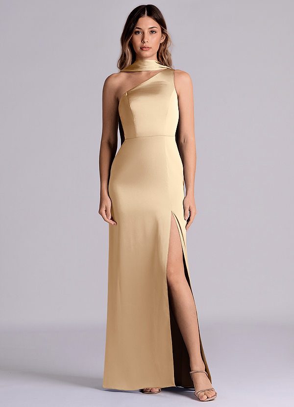 Azazie Phaedra Brautjungfernkleider A-Linie One-Shoulder Stretch-Satin Kleid Champagner image1