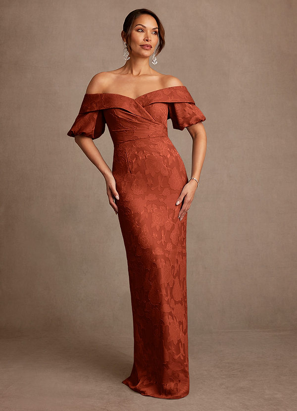 Azazie Golda Mother of the Brides Dresses Auburn Sheath Off the Shoulder Floral Burnout Dress image1