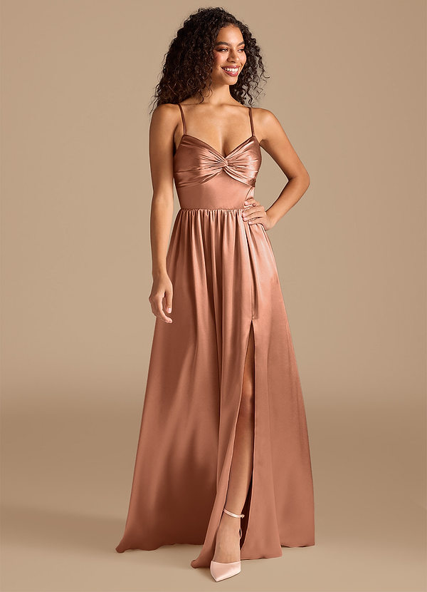 Azazie Zeya Bridesmaid Dresses Bronzer A-Line Pleated Metallic Satin Dress image1