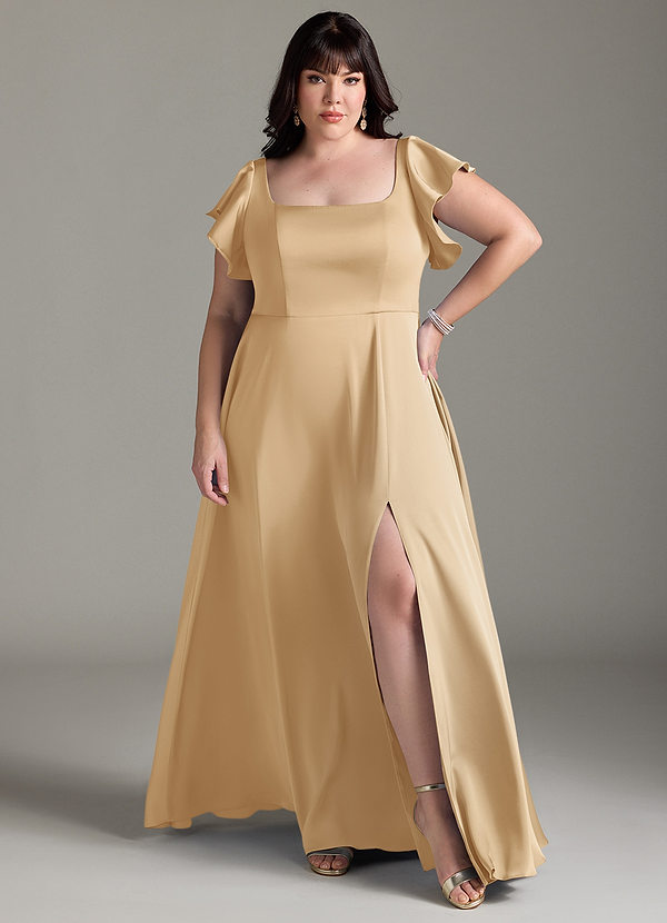 Azazie Bondi Bridesmaid Dresses Gold A-Line Bow Stretch Satin Dress image1
