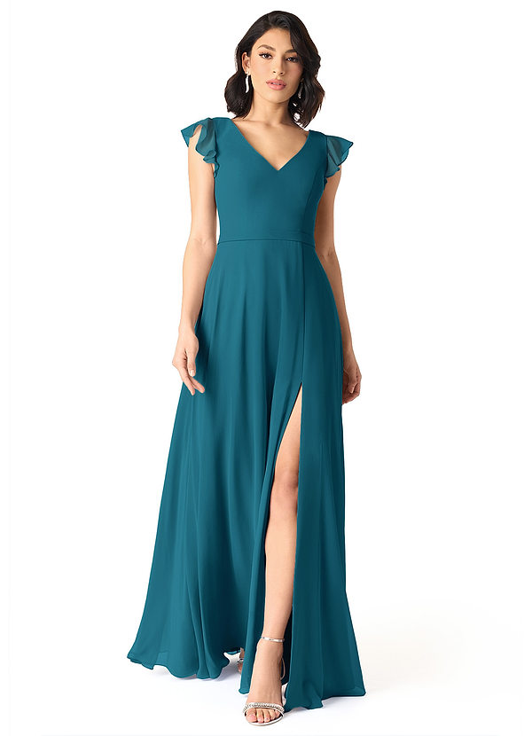 Azazie Claudine Bridesmaid Dresses Ink Blue A-Line Flutter Sleeve Chiffon Dress image1