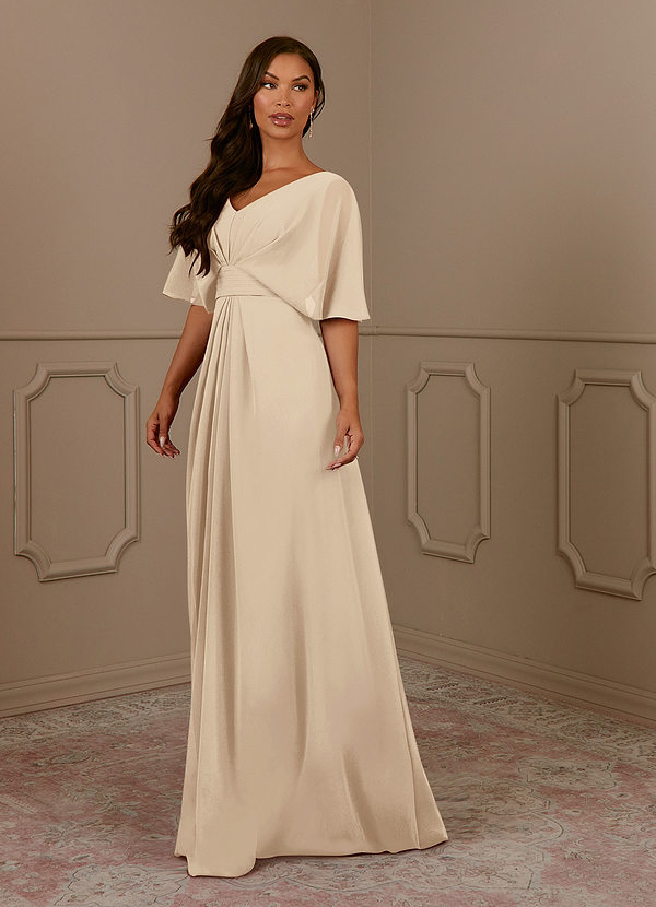 Azazie Oksana Mother of the Bride Dresses Champagne A-Line V-Neck Pleated Chiffon Dress image1