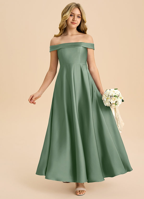 Azazie Sissy Junior Matcha A-Line Off the Shoulder Stretch Satin Dress image1