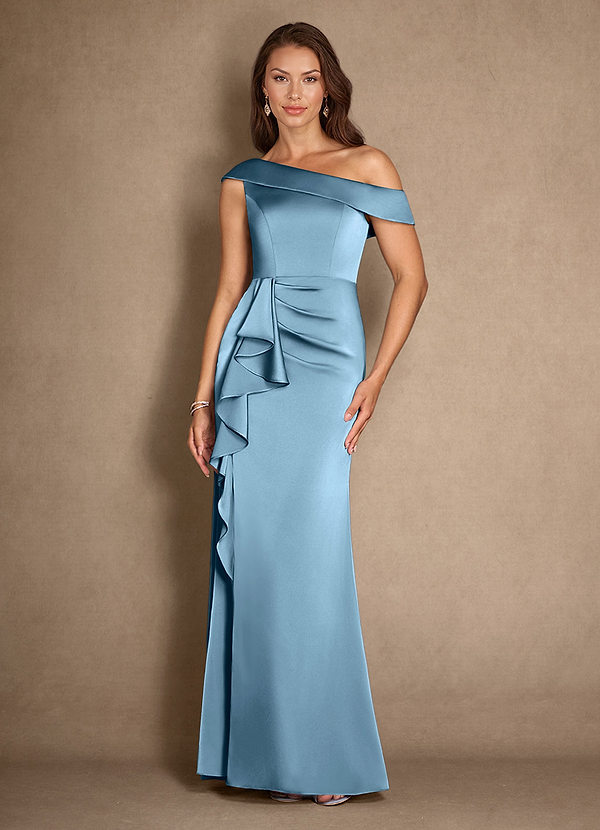 Azazie Hamptons Mother of the Brides Dresses Steel Blue A-Line Pleated Stretch Satin Dress image1