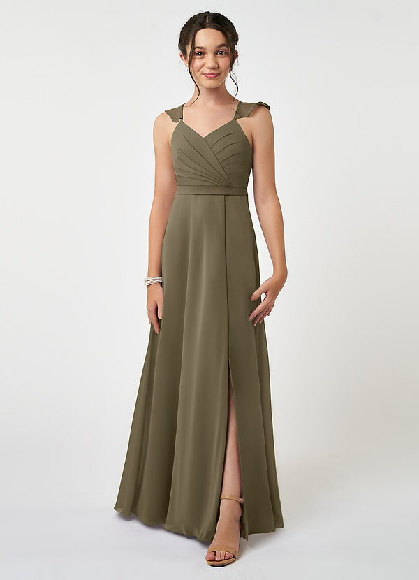 Azazie Emily Junior Robe Trapèze en Mousseline de soie Rayé Vert Saule image1