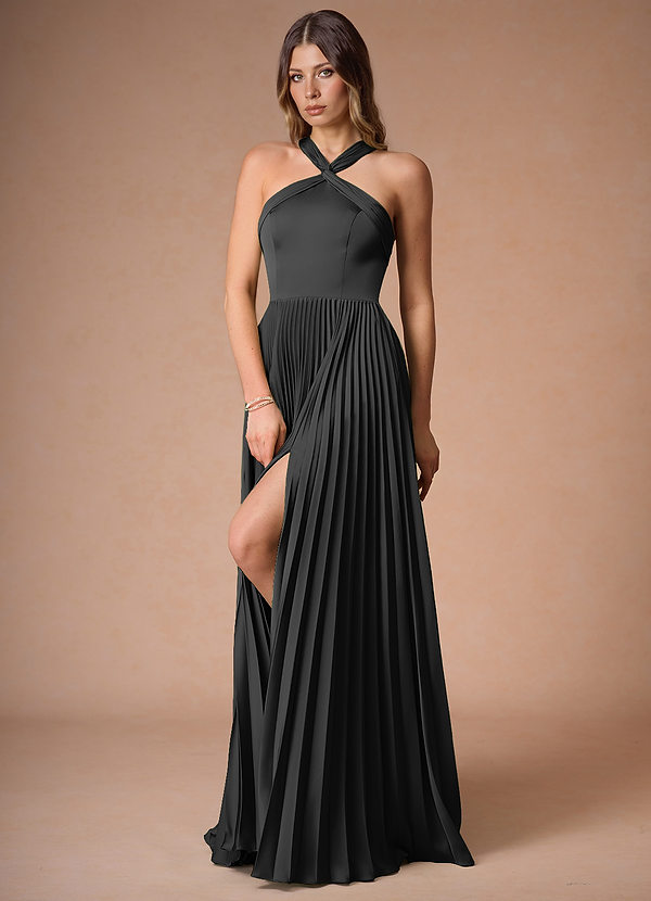 Afra Black A-Line Pleated Stretch Satin Dress image1