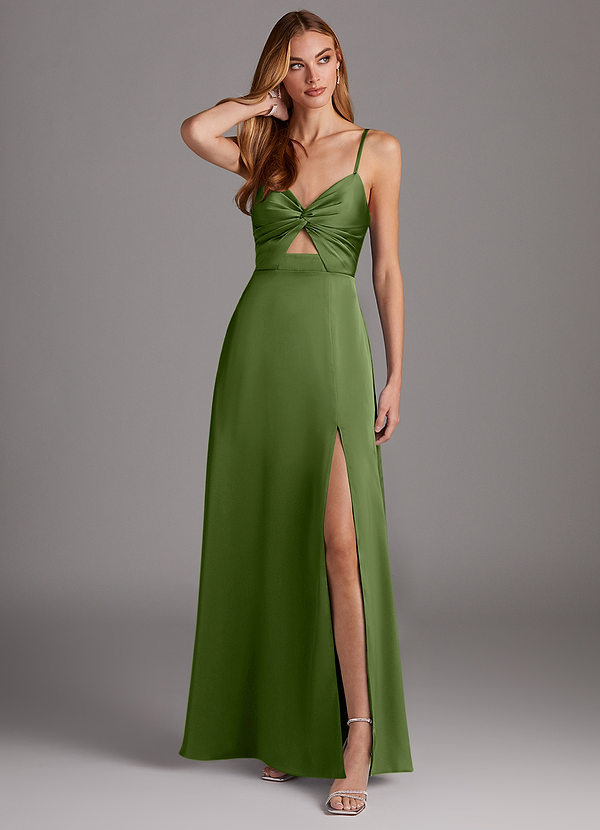 Azazie Jenna Robes Demoiselle d'honneur Robe Trapèze en Satin extensible Plissée Genévrier image1