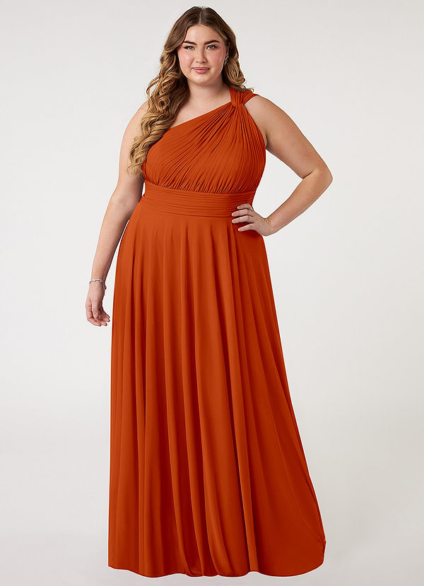 Azazie Charlize Bridesmaid Dresses Paprika A-Line One Shoulder Mesh Dress image1