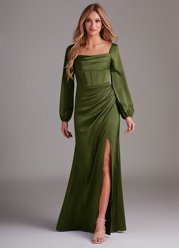 Azazie Charissa Bridesmaid Dresses Olive Sheath Long Sleeve Stretch Satin Dress image1
