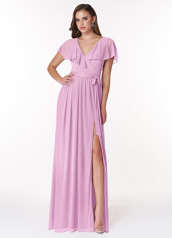 Azazie Jael Bridesmaid Dresses Candy Pink A-Line V-Neck Mesh Dress image1
