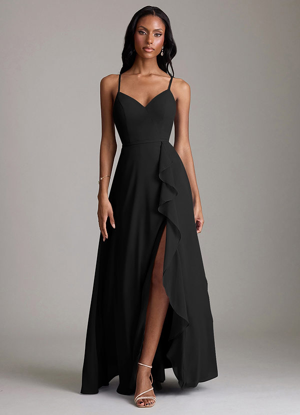 Azazie Naeem Bridesmaid Dresses Black A-Line V-Neck Ruffle Chiffon Dress image1