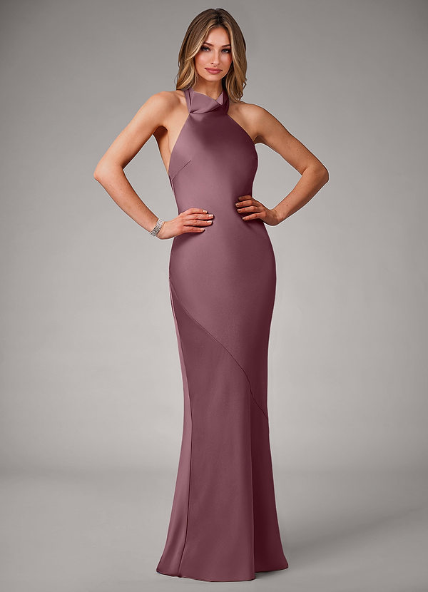 Azazie Velli Bridesmaid Dresses Amethyst Mermaid High Neck Stretch Satin Dress image1