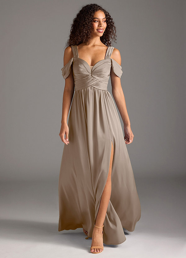 Azazie Lianne Brautjungfernkleider A-Linie Schulterfrei Stretch-Satin Kleid Taupe image1