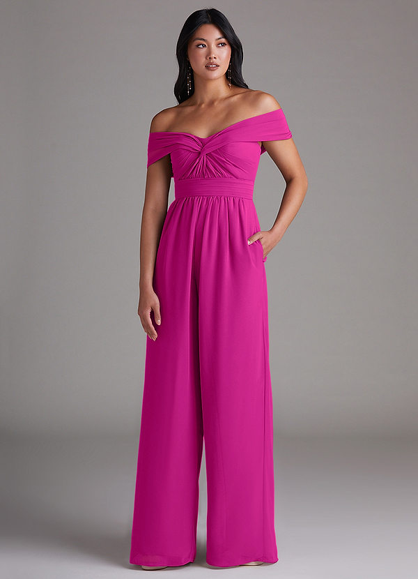 Azazie Lamara Robes Demoiselle d'honneur Combinaison Convertible en Mousseline de soie Épaule décolletée Fuchsia image1