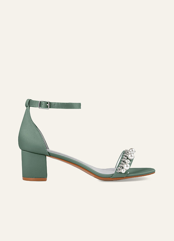 front Matching Color Matte Satin Rhinestone and Pearl Block Heel Sandals