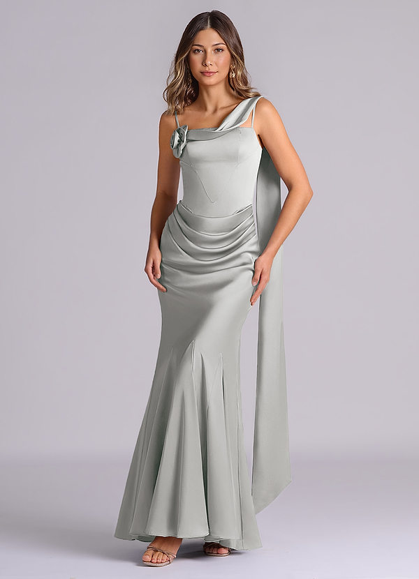 Azazie Inara 신부 들러리 드레스 인어 주름진 스트레치 새틴 바닥 길이 드레스 image1