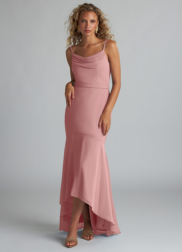 Azazie Summer Bridesmaid Dresses Dusty Rose Mermaid Scoop Cowl Chiffon Dress image1