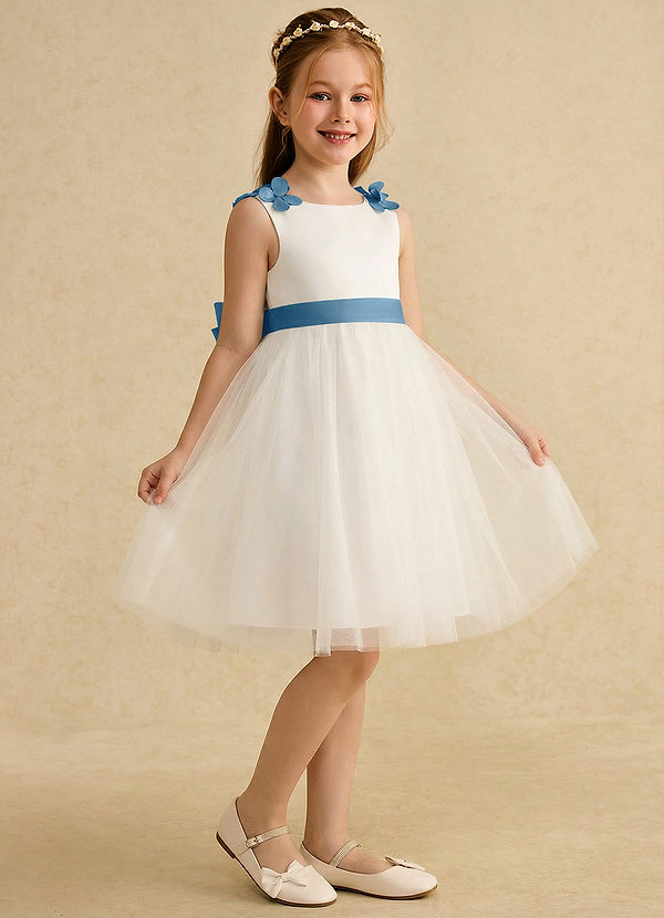 Azazie Lona Abiti da Ragazza di Fiori Abito A-Line in Raso Opaco Fiocco Avorio Blu Acciaio image1