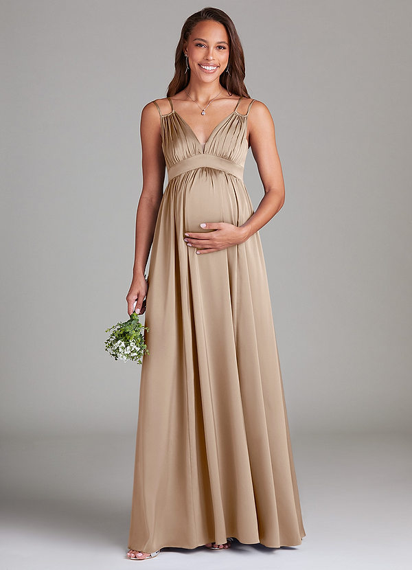 Azazie Emree Maternity Bridesmaid Dresses A-Line Stretch Satin Floor-Length Dress with Pockets image1