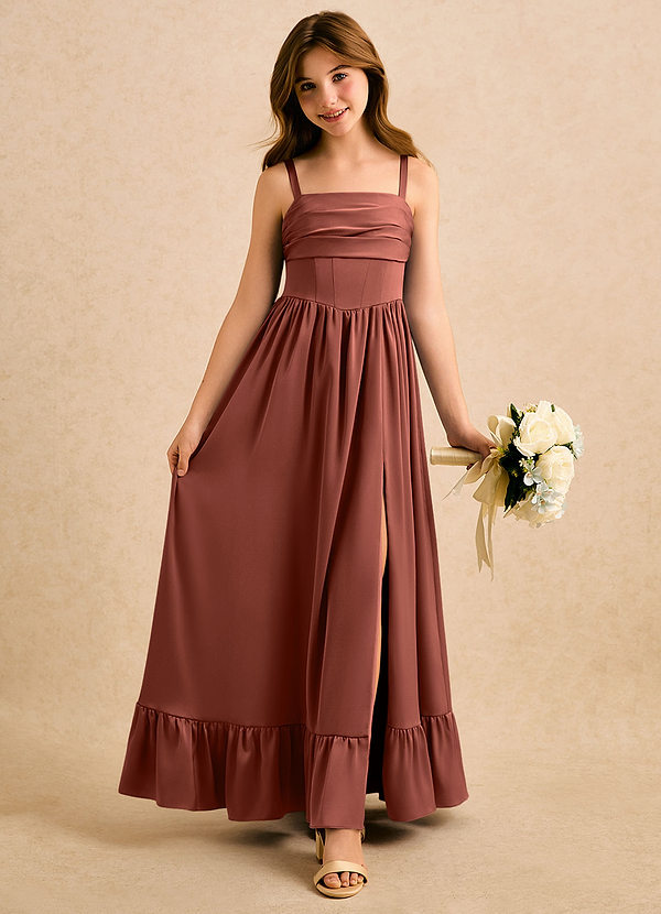 Azazie Maisie Girls Formal Sukienki dla dziewczynek sypiących kwiaty Linia A Marszczony Satyna elastyczna Długość podłogi Sukienka image1