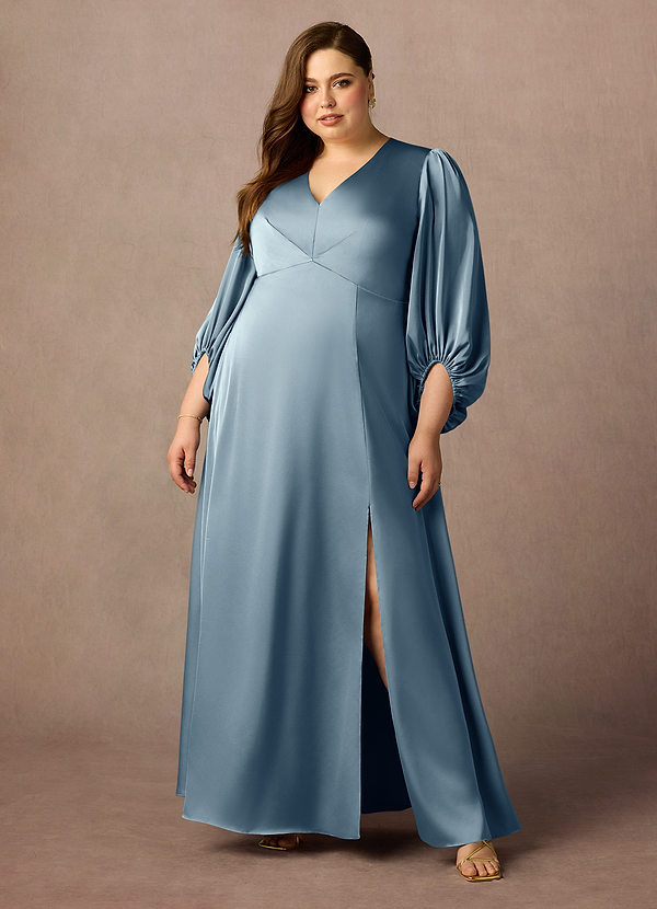 Azazie Luna Abiti da Mamma Sposa Abito A-Line in Raso Elasticizzato Plissettato Blu Polveroso image1