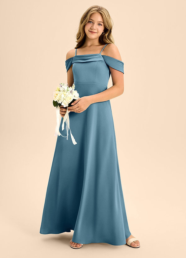 Azazie Anselie Junior Bermuda A-Line Off the Shoulder Stretch Satin Dress image1