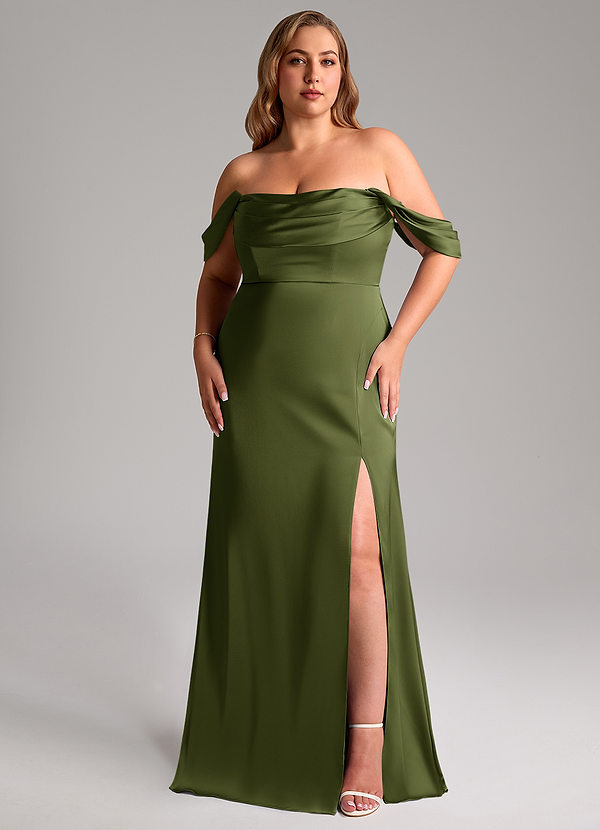 Azazie Saige Robes Demoiselle d'honneur Robe Fourreau en Satin extensible Épaule décolletée Olive image1