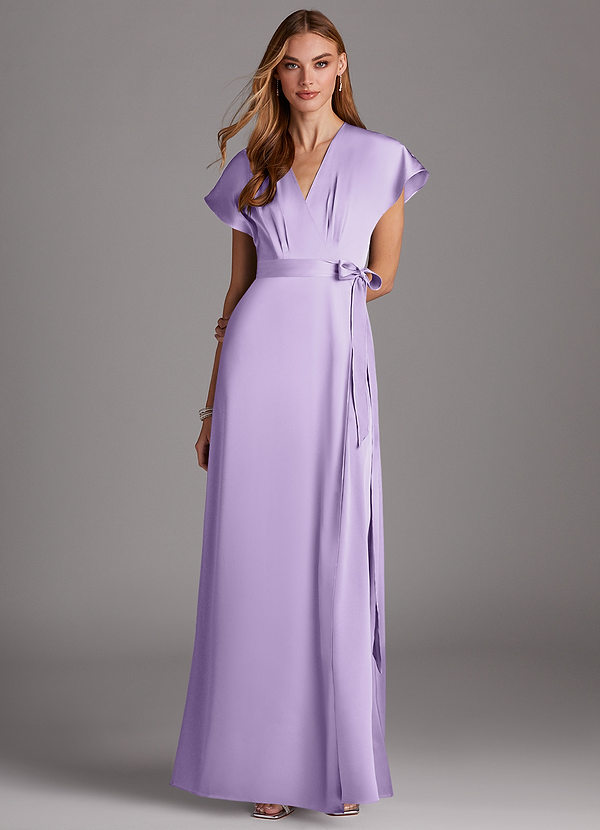 Azazie Nico Bridesmaid Dresses Lilac A-Line V-Neck Stretch Satin Dress image1