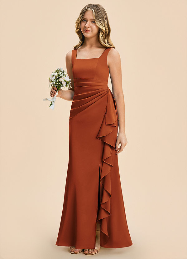 Azazie Adrienne Junior Cinnamon Sheath Pleated Stretch Satin Dress image1