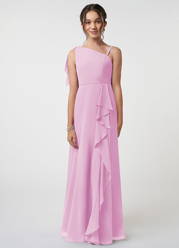 Azazie Aidy Junior Candy Pink A-Line Bow Chiffon Dress image1