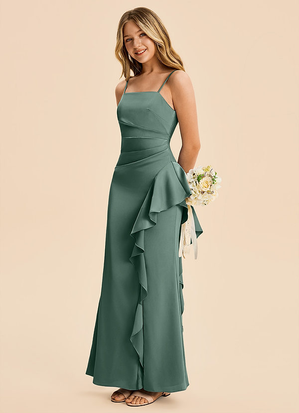 Azazie Lyla Junior Eucalyptus Mermaid Pleated Stretch Satin Dress image1
