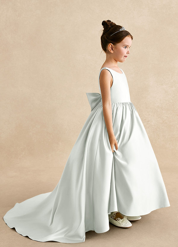 Azazie Mimia Flower Girl Dresses Ivory A-Line Bow Matte Satin Dress image1