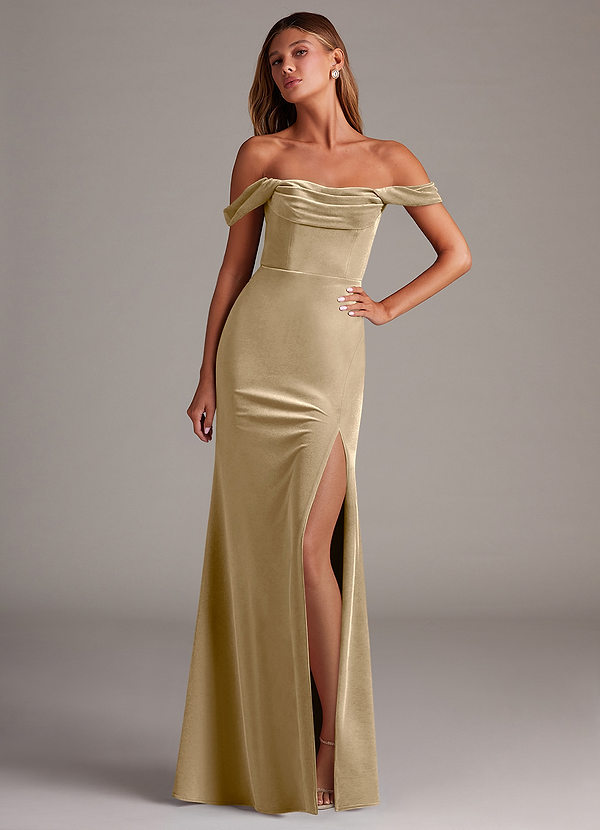 Azazie Saige Bridesmaid Dresses Golden Tan Sheath Off the Shoulder Velvet Convertible Dress image1
