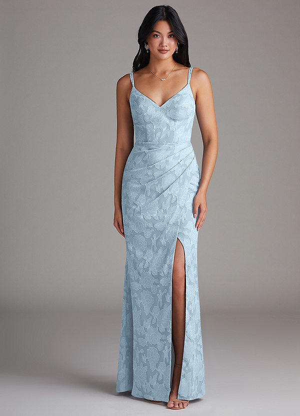 Azazie Leo Bridesmaid Dresses Sky Blue Sheath Pleated Floral Burnout Dress image1