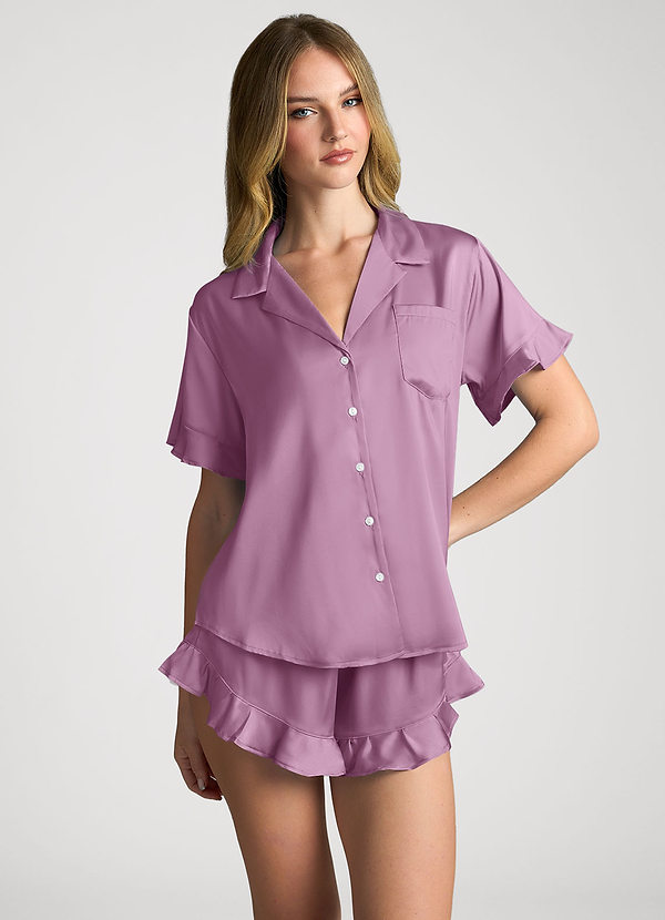 front Wisteria Matching Color Ruffled Short Sleeve Pajama Set