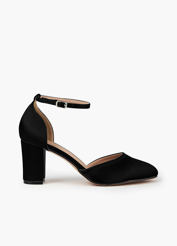 Black Satin Ankle Strap Pointed Toe Block Heels | Azazie