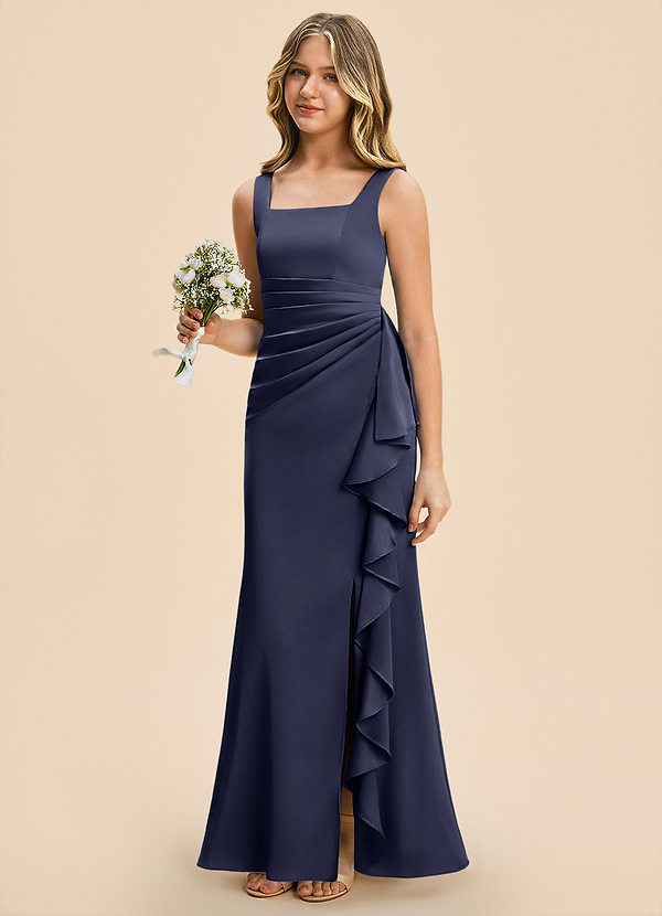 Azazie Adrienne Junior Stormy Sheath Pleated Stretch Satin Dress image1
