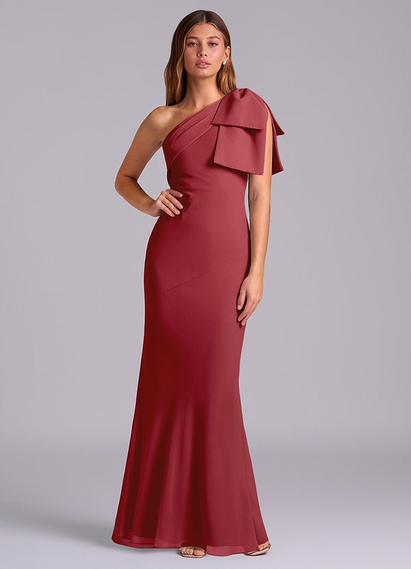 Azazie Yuanna Bridesmaid Dresses Pomegranate Mermaid One Shoulder Chiffon Dress image1