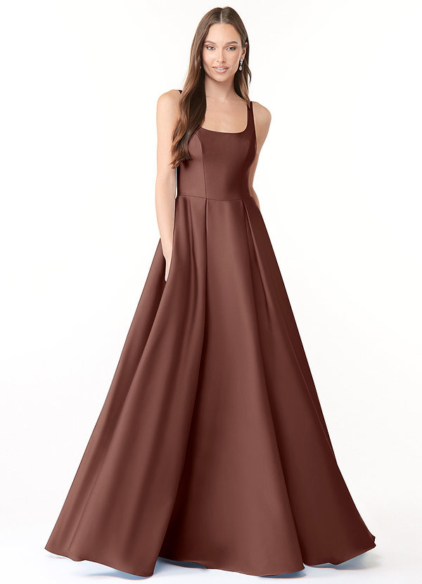 Azazie Neve Robes de demoiselle d'honneur Robe Princesse en Satin extensible Avec poches Expresso image1