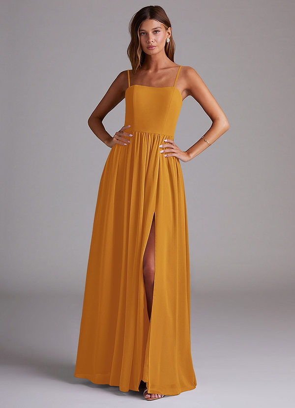 Azazie Calianna Bridesmaid Dresses Butterscotch A-Line Off the Shoulder Chiffon Convertible Dress image1