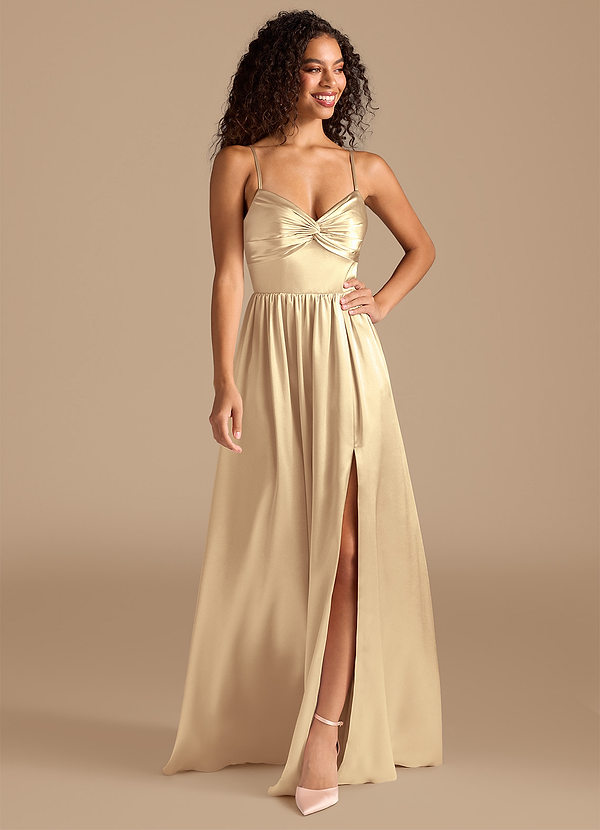Azazie Zeya Bridesmaid Dresses Gold A-Line Pleated Metallic Satin Dress image1