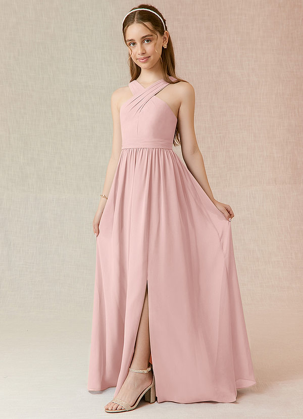 Azazie Jiya Junior Abito A-Line in Chiffon Plissettato Rosa Cipria image1