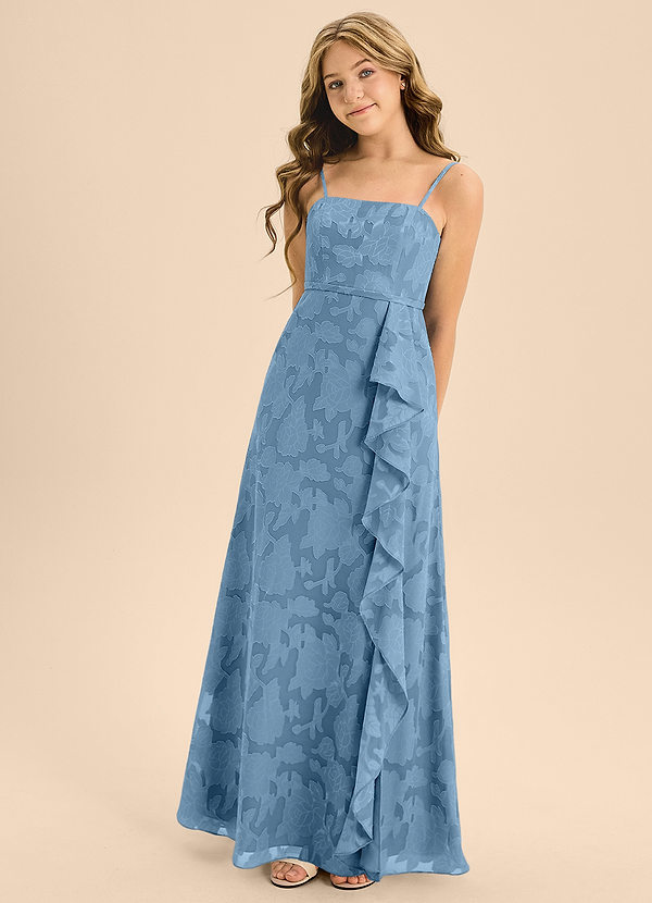 Azazie Kaylee Junior Abito A-Line in Burnout Floreale Con Cintura Blu Acciaio image1